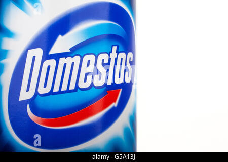 LONDON, UK - JUNE 16TH 2016: Close-up of the Domestos logo on one of their cleaning products, on 16th June 2016.  The range of D Stock Photo