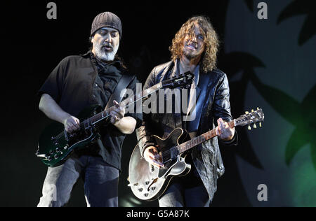 Kim Thayil (left) and Chris Cornell of Soundgarden perform at the Hard Rock Calling music festival in Hyde Park, London. Stock Photo