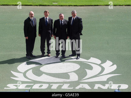 Scottish Rugby Union's (left to right) Chief Executive Mark Dobson, new President Alan Lawson, President Ian McLauchlan and Chairman Sir Moir Lockhead during the Scottish Rugby Union AGM at the Murrayfield, Edinburgh. Stock Photo