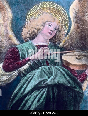 Engel mit Violine.  Christmas, 19th century, 1910s, 1920s, 20th century, Angel with violine, painting by Melozzo da Forli, archive, Carl Simon, history, historical, angel, music, violin, painting, Melozzo da Forli or Michelozzo degli Ambrogi, 1438 - 1494, hand coloured glass slide Stock Photo