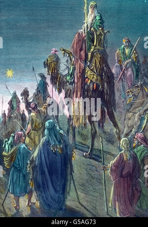 Die heiligen drei Könige auif dem Weg nach Bethlehem.  Christmas, 19th century, 1910s, 1920s, 20th century, The Three Magi on the way to Bethlehem, painting by Gustav Dore, archive, Carl Simon, history, historical, three kings, Caspar, Melchior, Balthazar, star, following, camel, group, trinity, Gustav Dore, 1832 - 1883, hand coloured glass slide Stock Photo