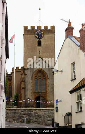 Clock tower of St Michael the Archangel parish church, Lyme Regis, Dorset, UK, viewed from Monmouth Street. Stock Photo