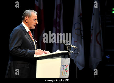 The President of the IOC Dr Jacques Rogge addresses the audience at the opening of the IOC Ceremony of the London 2012 Olympic games, at the Royal Opera house in Covent garden, in central London. Stock Photo