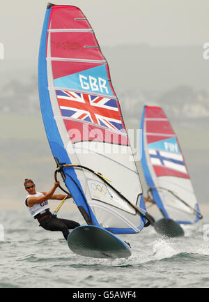 Great Britain's Bryony Shaw in action on her RS:X windsurfer during racing at the London 2012 Olympics on Weymouth Bay today. Stock Photo