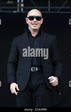 Pitbull performs at the Barclaycard Wireless Festival 2012 at Hyde Park in London. Stock Photo