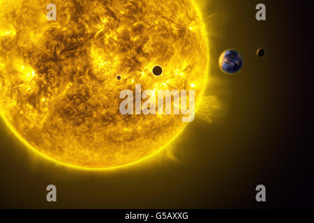 Earth, Venus, Mercury in orbit around the Sun. The suns diameter is about 109 times that of Earth Stock Photo