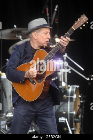 Paul Simon plays at the Hard Rock Calling Festival in London's Hyde Park, Saturday, July 14, 2012. Stock Photo