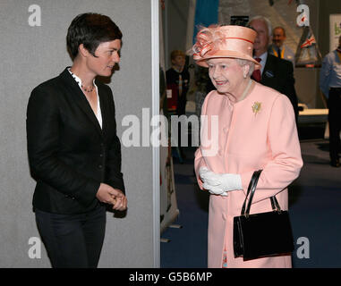 Queen Elizabeth II meets Dame Ellen MacArthur as she visits Cowes Yacht Club during her Diamond Jubilee visit to the Isle of Wight. Stock Photo