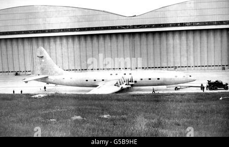 The Bristol 'Brabazon,' the world's largest civil landplane, was brought out of its hangar at Filton, Bristol for the first time - to be subjected to engine and fuel tests. The 130-ton aircraft, designed to carry 100 passengers, is to undergo several trials. Stock Photo
