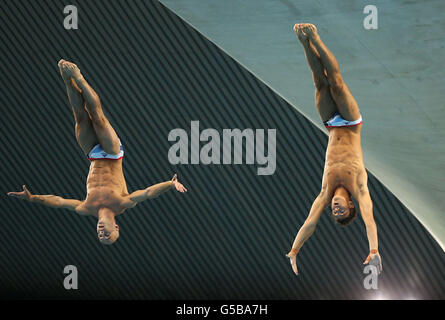 Great Britain's Tom Daley (right) and Peter Waterfield compete in the Men's Synchronised 10m Platform competition at the Aquatics Centre in the Olympics Park during the third day of the London 2012 Olympics.