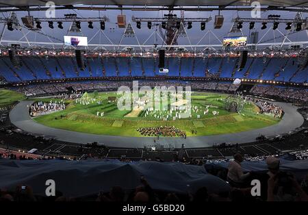 The scene during the pre-show before the London Olympic Games 2012 Opening Ceremony at the Olympic Stadium, London. Stock Photo