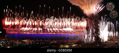 London Olympic Games - Day 0. Fireworks at the Opening Ceremony of the London 2012 Olympics Games at the Olympic Stadium, London. Stock Photo