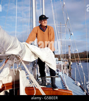 Yachtsman Sir Francis Chichester prepares his new boat, Gipsy Moth V, at Beaulieu, Hampshire, for his 200 miles a day, 4,000 mile voyage from Bissau, Portuguese Guinea, to Juan del Norte, Nicaragua. Stock Photo