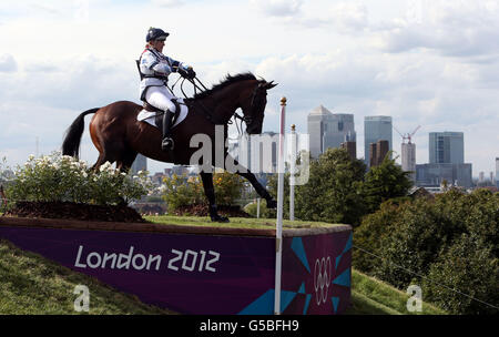 Great Britain's Kristina Cook riding Miners Frolic on the cross country course during The Eventing at Greenwich Park, on the third day of the London 2012 Olympics. Stock Photo