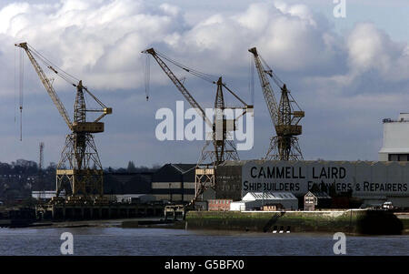 General view of the Cammell Laird ship yard on the River Mersey in Liverpool. The troubled Merseyside shipyard, suspended trading in its shares as it prepared to make an announcement. Options for the group include raising finance or striking strategic alliances. * The move comes after the group appointed advisers to undertake a strategic review of the business. There was speculation at the time that the business could also be put up for sale. 18/04/01 Receivers appointed to troubled shipbuilders Cammell Laird announced that 320 jobs are to be cut from three yards in the next week. The yard at Stock Photo
