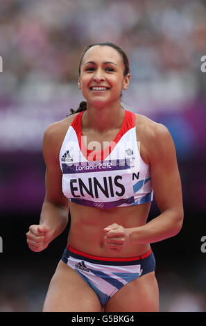 Great Britain's Jessica Ennis competes in the high jump during the Heptathlon at the Olympic Stadium, London. Stock Photo