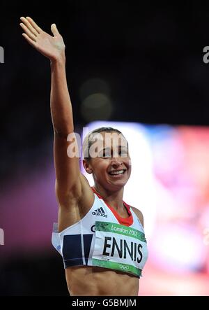 Great Britain's Jessica Ennis celebrates winning Gold in the Women's Heptathlon after finishing the 800m at the Olympic Stadium, London, on the eighth day of the London 2012 Olympics. Stock Photo