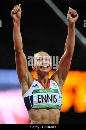 Great Britain's Jessica Ennis celebrates winning Gold in the Women's Heptathlon at the Olympic Stadium, London, on the eighth day of the London 2012 Olympics. Stock Photo