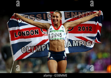 Great Britain's Jessica Ennis celebrates her victory in the Heptathlon at the Olympic Stadium, London, on the eighth day of the London 2012 Olympics. Stock Photo