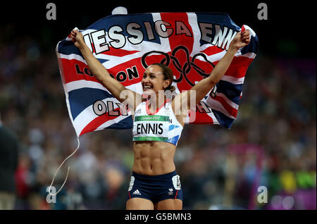 Great Britain's Jessica Ennis celebrates her victory in the Heptathlon at the Olympic Stadium, London, on the eighth day of the London 2012 Olympics. Stock Photo