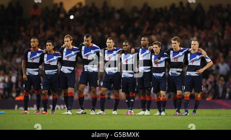 The Great Britain team line up during the penalty shoot out against South Korea during the Men's Quarter Final match at the Millennium Stadium, Cardiff, during day eight of the London 2012 Olympics. Stock Photo