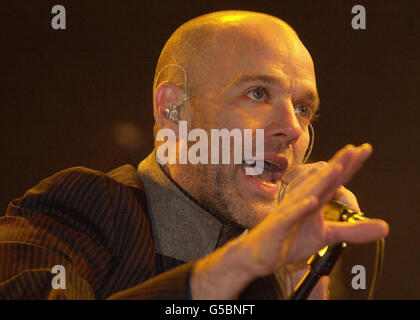 Michael Stipe, the lead singer of pop group REM performing at the South Africa Freedom Day concert in Trafalgar Square, London. Other groups The Corrs, Atomic Kitten and Spice Girl Mel-B were among the artists at the concert attended by Nelson Mandela. Stock Photo