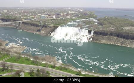 The view from the Skylon Tower (in Canada) of the Niagara Falls, which gives a birds eye view of the American falls situated across the river Niagara, on the United States of America side of the river. Stock Photo