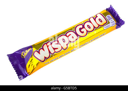 LONDON, UK - MAY 6TH 2016: An unopened Wispa Gold chocolate bar manufactured by Cadbury, pictured over a plain white background Stock Photo