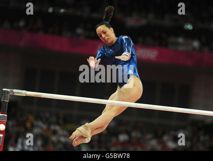 Great Britain's Beth Tweddle competes on the uneven bars during the Artistic Gymnastics Women's Team Final at the North Greenwich Arena during the fourth day of the London 2012 Olympics. Stock Photo