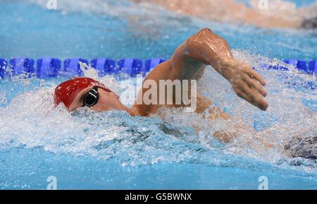 Great Britain's Robbie Renwick during the Men's 4 x 200m Freestyle Relay Final at the Aquatics Centre in the Olympic Park during the fourth day of the London 2012 Olympics. Stock Photo