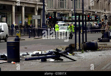 The remains of a bus shelter in Regent street, London, where a German tourist coach collided with it before crashing into a Boots chemist store opposite, injuring 11. The coach driver suffered head injuries in the crash. * ...which happened when his coach mounted the pavement and smashed into the window of the Boots store near Oxford Circus. Ten other people on the coach were injured, including a 15-year-old boy and a 63-year-old man, London Ambulance Service said. Stock Photo