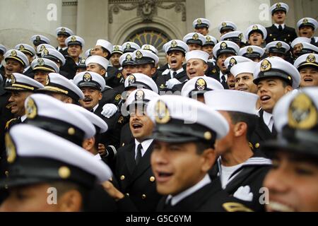 Sailors from the 'Cuauhtemoc' a Mexican Tall Ship celebrate at a prize giving ceremony outside Dublin's Customs House during the Tall Ship's Race 2012 Festival stopover in Dublin, Ireland. Stock Photo