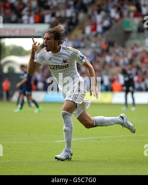 Soccer - Barclays Premier League - Swansea City v West Ham United - Liberty Stadium. Swansea City's Miguel Michu celebrates scoring his side's second goal Stock Photo