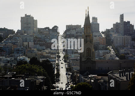 View of Saints Peter and Paul Church and Filbert Street in San Francisco, California. Stock Photo