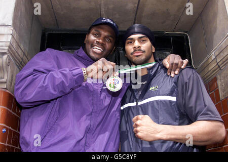 British heavyweight Olympic Champion Audley Harrison with David Haye (right) who won Silver at the World Amateur Boxing Championships in Belfast during a press conference at St Martin hotel, London, to announce his second professional bout. *... to be held at Liverpool's Olympia on July 14th 2001. Stock Photo