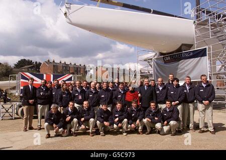 The GBR Challenge team in Cowes on the Isle of Wight where they kick- started their attempt for the 2002 America's Cup in New Zealand. Great Britain has not entered the contest for 14 years. * Millionaire entrepreneur Peter Harrison has personally put up 6.4 million. 18/8/01: The America's Cup is coming back to Britain for the first time in a century and half when the yachting world celebrates its jubilee. A week of racing and events on the Isle of Wight commences with the present holders of the cup, New Zealand, ceremonially bringing back the trophy just for a week. It was wrestled from Stock Photo