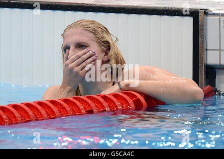 Great Britain's Rebecca Adlington shows her dejection after finishing third in the Women's 800m Freestyle Final at the Aquatics Centre in the Olympic Park, London, on the seventh day of the London 2012 Olympics. Stock Photo