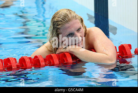 Great Britain's Rebecca Adlington shows her dejection after finishing third in the Women's 800m Freestyle Final at the Aquatics Centre in the Olympic Park, London, on the seventh day of the London 2012 Olympics. Stock Photo