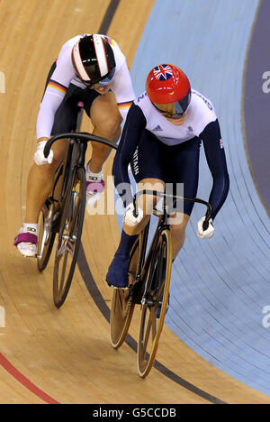 Great Britain's Victoria Pendleton (right) in the Women's Sprint Semi Final Race 1 against Germany's Kristina Vogel in the Velodrome at the Olympic Park, on the eleventh day of the London 2012 Olympics. Stock Photo