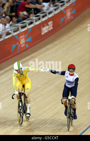 Australia's Anna Meares (left) wins gold ahead of Great Britain's Victoria Pendleton (right) on day eleven of the Olympic Games at the Velodrome, Olympic Park, London. Stock Photo