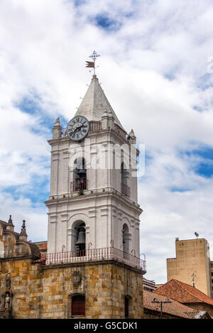 Vertical view of the spire of the San Francisco church in downtown Bogota, Colombia Stock Photo