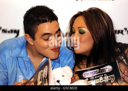Pop group Hear'Say, from left to right; Noel Sullivan and Myleene Klass launching their book 'Popstars: The Making of Hear'Say' at Harrods in London. Stock Photo