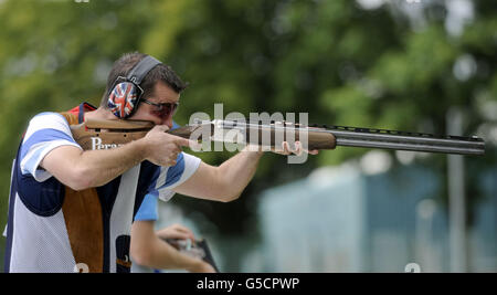 Great Britain's Edward Ling during the Trap Men Competition at the Royal Artillery Barracks, Woolwich, London. Stock Photo