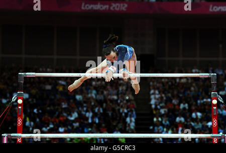 Great Britain's Beth Tweddle competes in the Women's Uneven Bars Final, at North Greenwich Arena, London during day ten of the London 2012 Olympics. Stock Photo