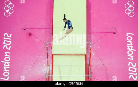Great Britain's Beth Tweddle competes in the Women's Uneven Bars Final, at North Greenwich Arena, London during day ten of the London 2012 Olympics. Stock Photo
