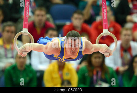 Brazil's Arthur Zanetti Nabarrete competes on the during the Artistic Gymnastics men's rings final at the North Greenwich Arena, London Stock Photo