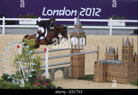 Great Britain's Nick Skelton on Big Star during the Individual Jumping Final Round A at Greenwich Park, on the twelfth day of the London 2012 Olympics. Stock Photo