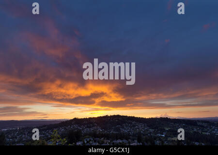 Stormy Fiery Sunset Sky over Happy Valley Oregon in Clackamas County Stock Photo