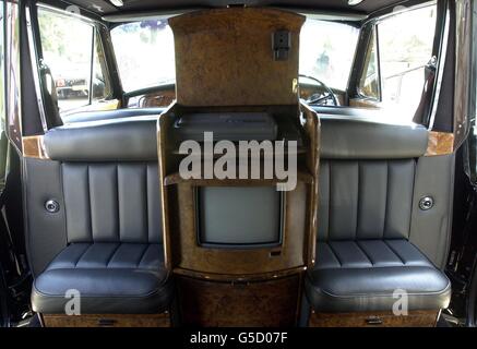 The interior of rock star Elton John's 1973 Rolls-Royce Phantom VI Limousine at Stoke Park Club in Buckinghamshire. The car, which features a television and fax machine, is one of 20 that Elton is selling from his collection at Christie's in London on 5/6/01. Stock Photo