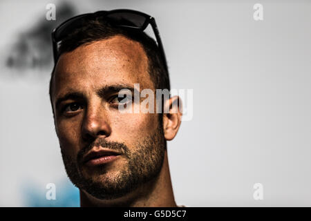 (Enhanced in Photoshop) South Africa's Oscar Pistorius during a press conference in the Main press Centre, Olympic Park, London Stock Photo